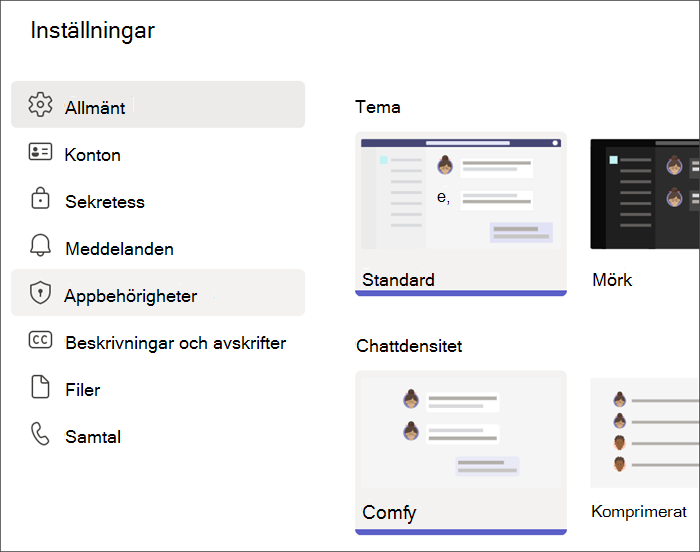 Skärmbild av Teams-inställningar från en elevprofil. Appbehörigheter är markerat.