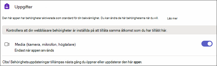 Skärmbild av Teams-inställningar när du har valt Appbehörigheter. En inställning med namnet Media visas med växlingsknappen på.