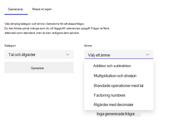 Skärmbild av fliken Generera.