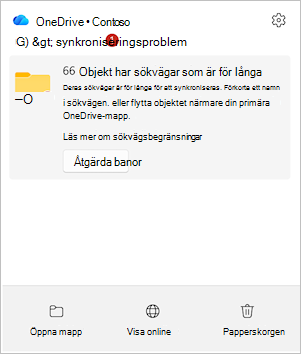 Skärmbild som visar aktivitetscentret i OneDrive med alternativet Åtgärda sökvägar.
