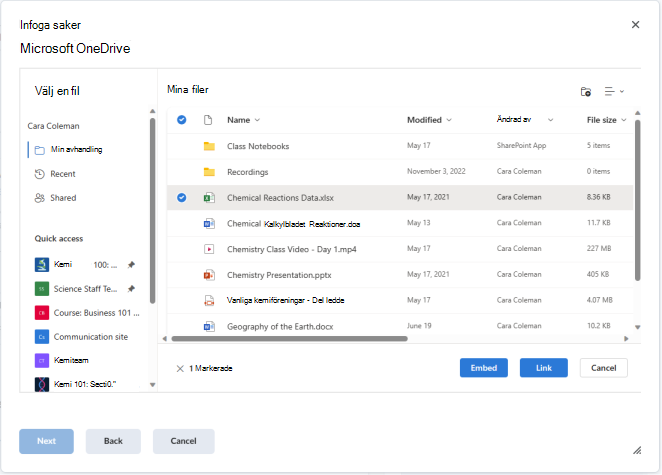 Bädda in eller Länka en OneDrive-fil i Brightspace-redigeraren med knappen Infoga saker.