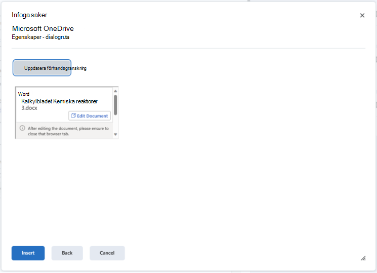 Bädda in en OneDrive-fil i Brightspace Editor med knappen Infoga saker.