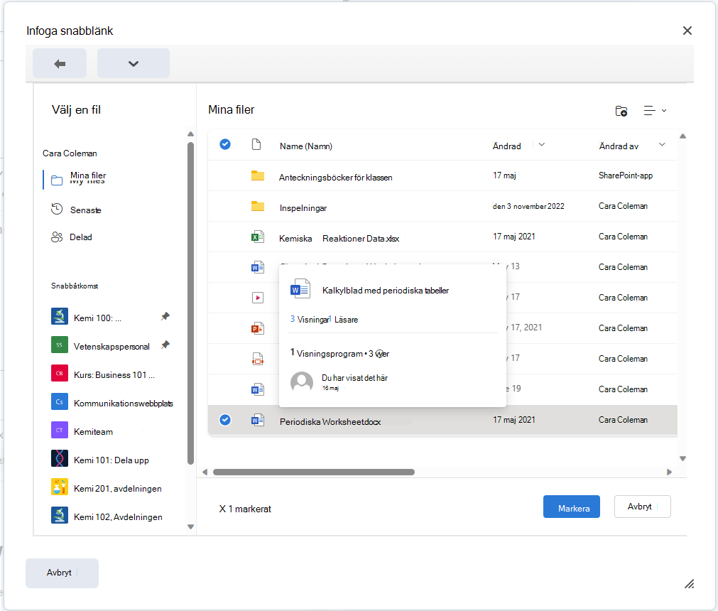 Bädda in en OneDrive-fil i Brightspace Editor med knappen Infoga snabblänk.