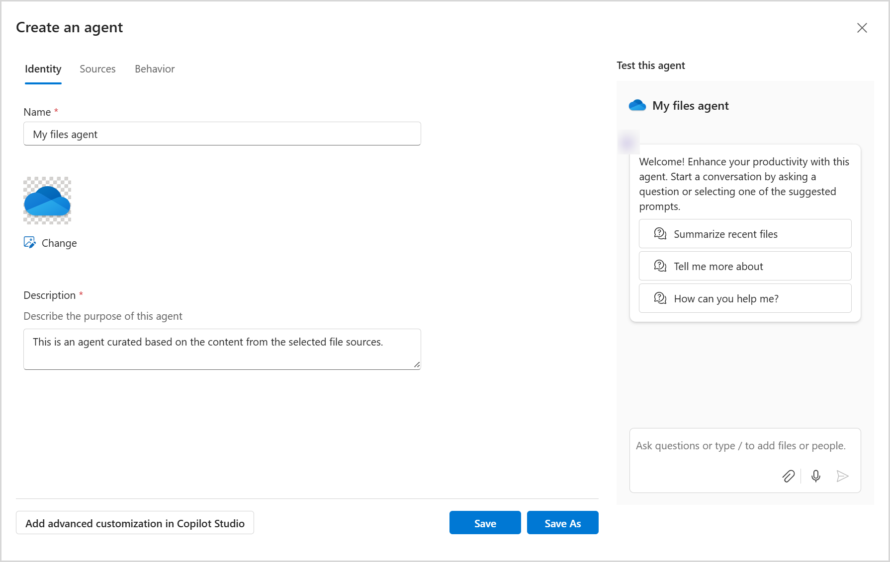 Skärmbild som visar den definierande sidan för identitetsåtkomst när du skapar en agent i OneDrive.