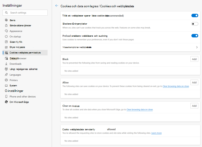 Microsoft Edge cookies och data