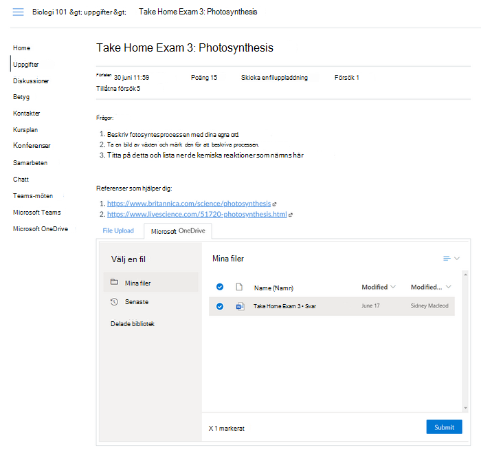Fliken Uppgifter för Välj en fil med OneDrive markerad