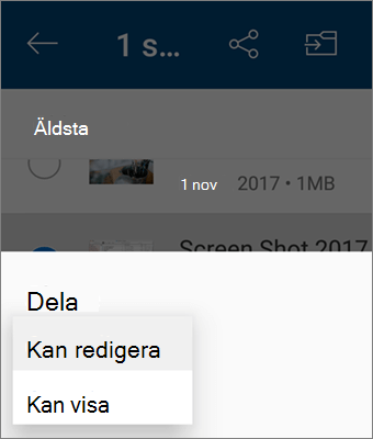 Skärmbild av hur du ändrar behörigheten när du delar i OneDrive-appen för Android