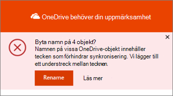 Skärmbild av meddelandet Byt namn i onedrive-synkroniseringsappen