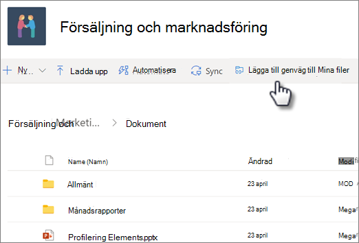 Skärmbild av hur du lägger till en genväg till OneDrive från ett delat bibliotek