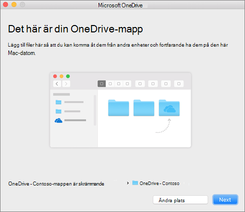 Skärmbild av sidan Det här är din OneDrive-mapp när du har valt en mapp i guiden Välkommen till OneDrive på en Mac