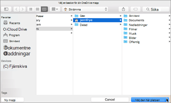 Skärmbild av hur du väljer en mapplats i guiden Välkommen till OneDrive på en Mac