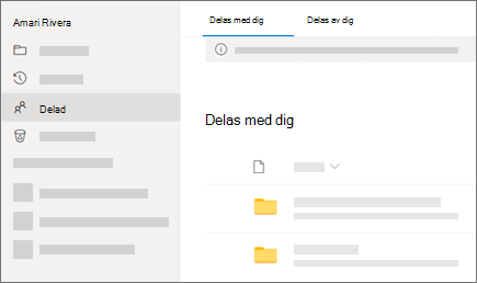 Skärmbild av vyn Delas med dig i OneDrive för arbete eller skola.