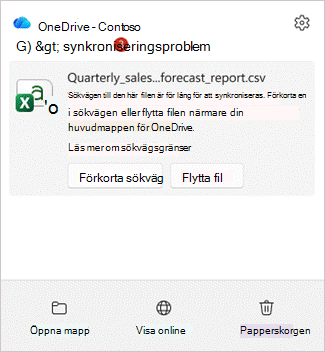 Skärmbild som visar OneDrive-aktivitetscentret med flaggor för ett objekt vars sökväg är för lång, med knapparna Förkorta sökväg och Flytta fil.