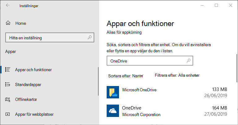 OneDrive i appinställningarna i Windows
