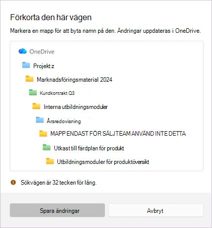 Skärmbild som visar meddelandet för att förkorta det markerade filnamnet.