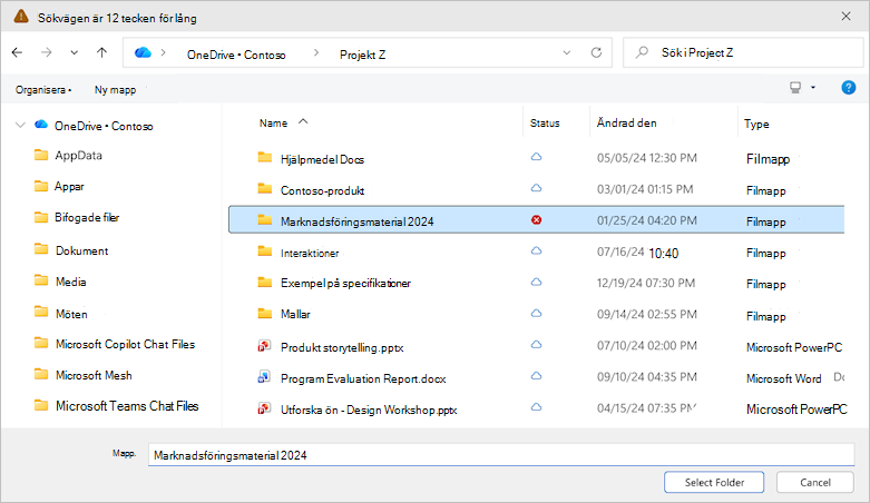 Skärmbild som visar dialogrutan Välj mapp i OneDrive.