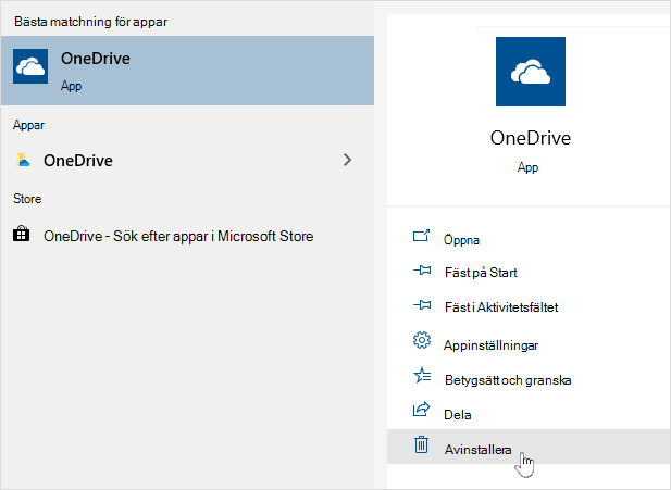 Avinstallera OneDrive Store-appen