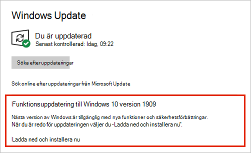 Windows Update visar funktionsuppdateringens placering