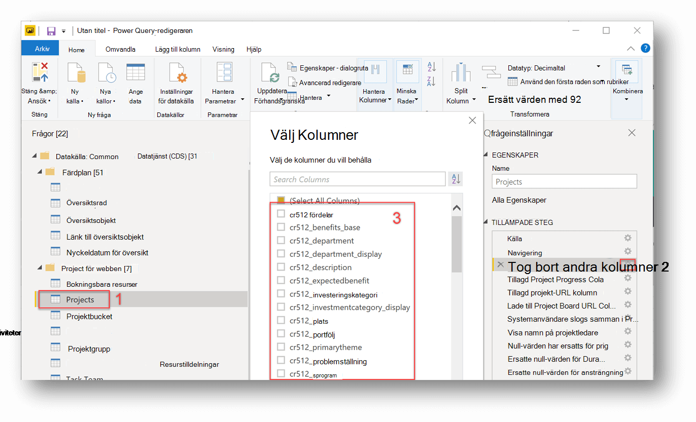 Power BI Query-redigeraren med numrerade avsnitt som visar hur kolumner läggs till. Nummer 1 visar Projekt under Frågor. nummer 2 visar vilka listor som ska tas bort under Tillämpade steg och nummer 3 visar anpassade fält som en organisation har lagt till i sin projektenhet.