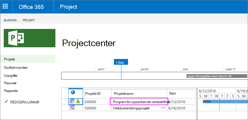 Välj namnet på projektet i Projektcenter.
