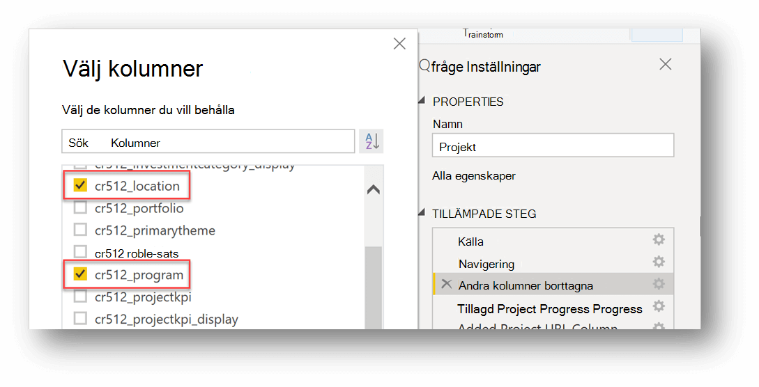 Det här är ett exempel på hur du väljer kolumner att lägga till i frågeredigeraren. Kolumnerna som läggs till i det här exemplet kallas cr512_location och cr512_program.
