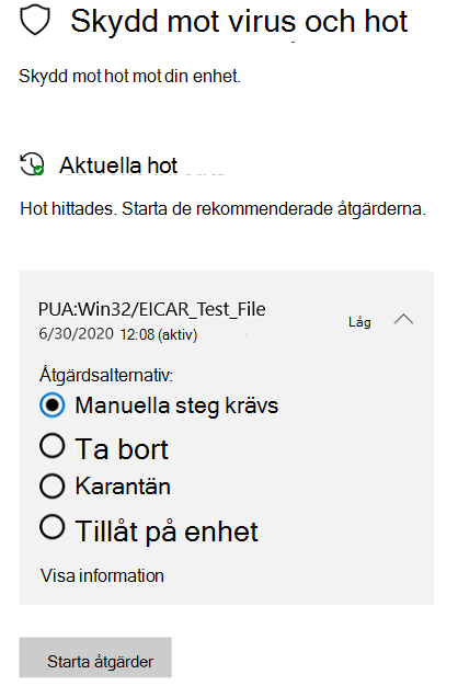 De åtgärder som du kan vidta när Windows-säkerhet har hittat ett potentiellt oönskat program