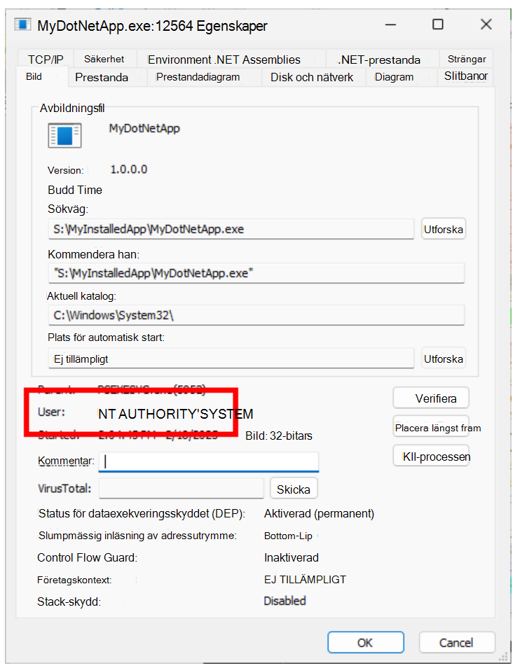 i Sysinternals Process Explorer letar du upp processen av intresse och går in i vyn Egenskaper och tittar sedan på fältet Användare under fliken Bild.