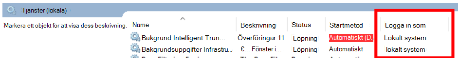 Från en upphöjd kommandotolk kör du services.msc. Användargränssnittet för Tjänsthanteraren visas.