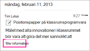 Skärmbild av en dold snabbmeddelandeartikel med Läs mer markerat