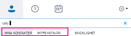 När du börjar skriva i sökrutan i Skype för företag ändras flikarna nedan till Kontakter och Skype-katalog.