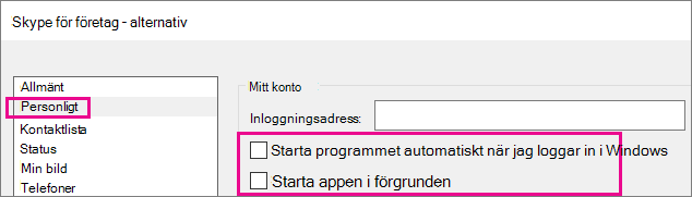 Välj Personligt och avmarkera alternativen för automatisk start.