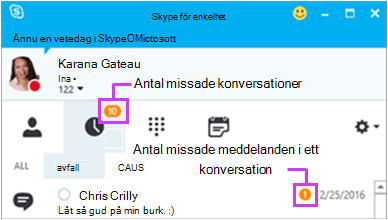 Öppna missade meddelanden från snabbmeddelandesidan i Skype för företag
