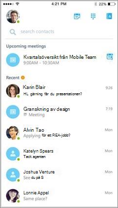 Startskärmen i Skype för företag för iOS