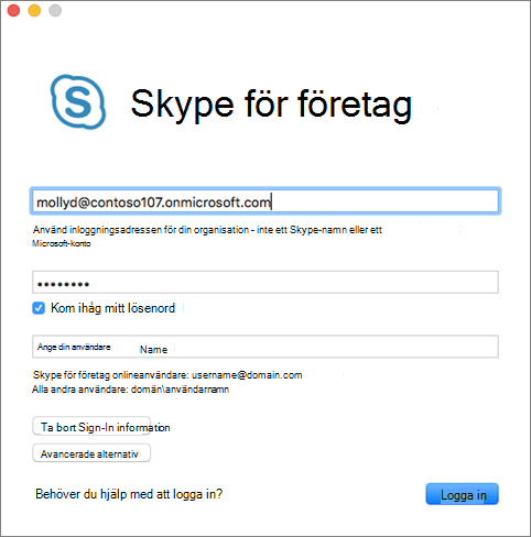 Inloggningsskärmen i Skype för företag för Mac