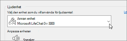 Skärmbild som visar den nedrullningsbara menyn för ljudenheter i dialogrutan Inställningar för ljudenhet.