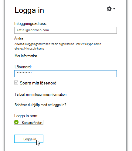En skärmbild som visar var du anger ditt lösenord på inloggningsskärmen för Skype för företag.
