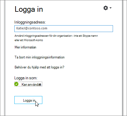 En skärmbild som visar knappen Logga in på inloggningsskärmen för Skype för företag.