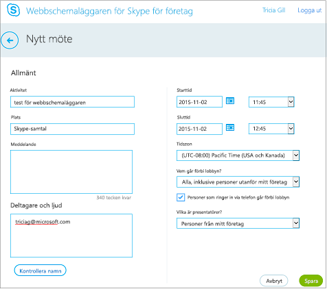 Web Scheduler-skärmen där du anger mötesinformationen och lägger till deltagare