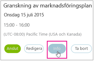 Mötesinformation med knappen Info markerad
