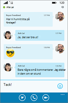 Nytt utseende för konversationsfönstret i Skype för företag för Windows Phone