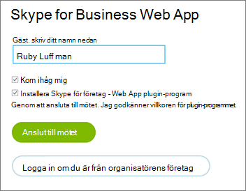 Logga in på Skype för företag – Web App som gäst eller med din organisations inloggningsuppgifter