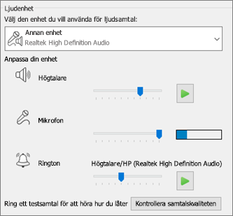 Anpassade inställningar – högtalare, mikrofon och ringsignal – för ljudenhet