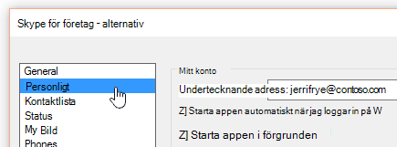Fönstret Alternativ i Skype för företag med fliken Personlig vald.
