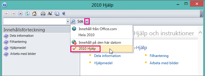 Hjälpfönstret till Picture Manager med hjälpalternativet för 2010
