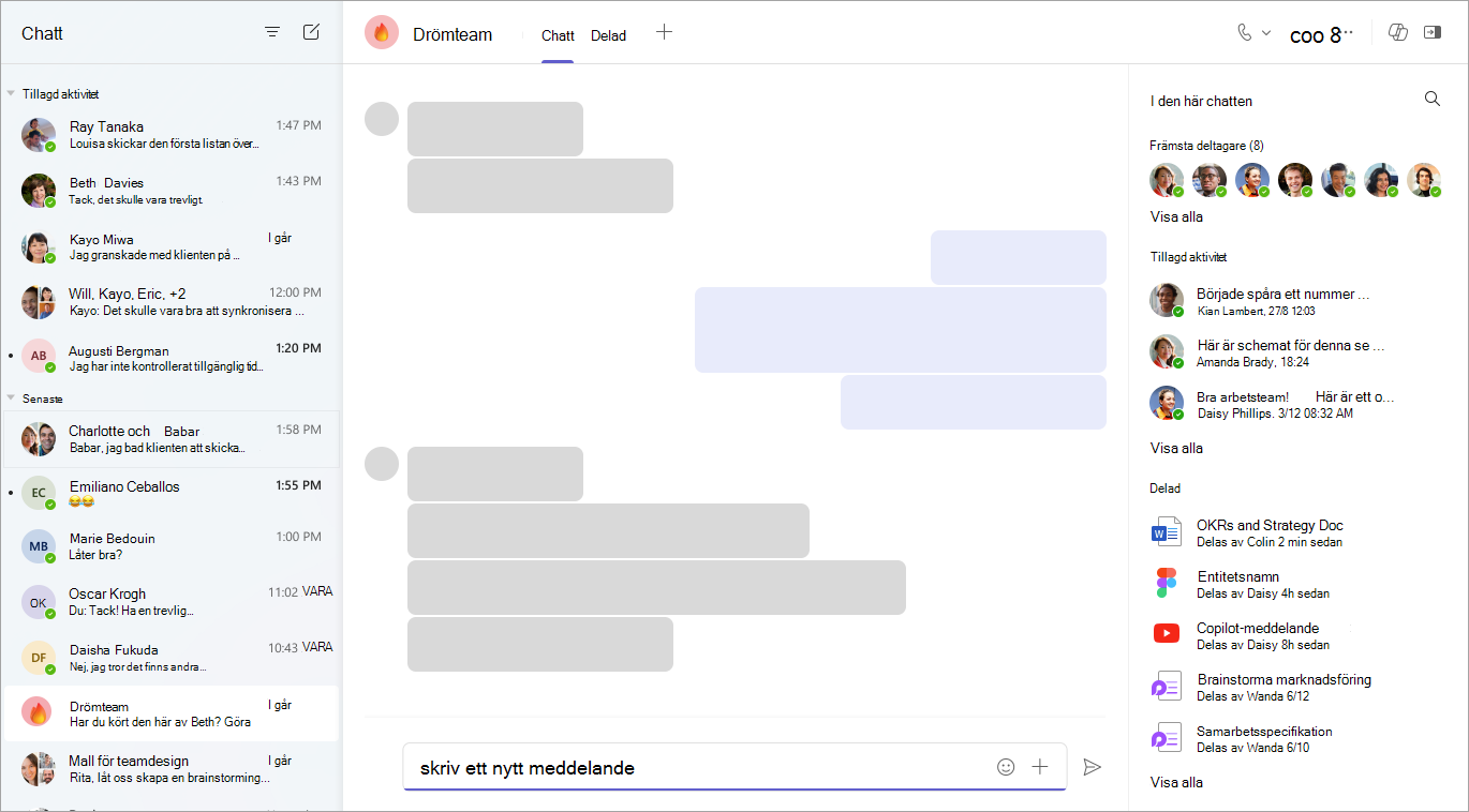 En skärmbild av chattappen visar de senaste meddelandena, de vanligaste deltagarna, fästa meddelanden, delade filer och en textinmatningsruta med knappen Skicka.