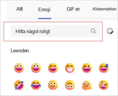 Skärmbild som visar nyckelordssökning i emojimenyn.