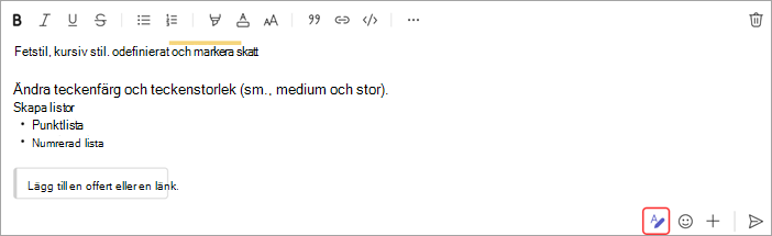 Skärmbild som visar alternativ för att formatera ett chattmeddelande