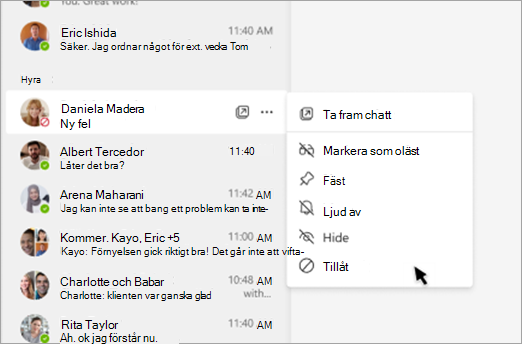 Skärmbild som visar hur du tar bort blockeringen från chattfönstret