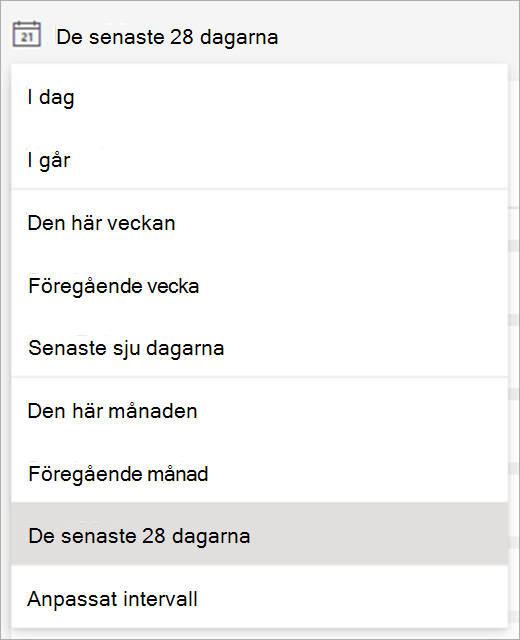 Listrutemeny med tillgängliga tidsramar för att visa data.