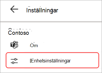 Skärmbild av användargränssnittet för enhetsinställningar markerat i Teams-panel
